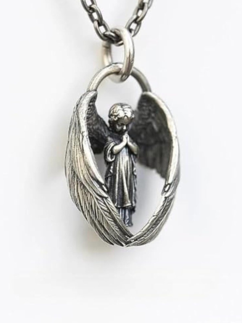 Sterling-Style Silver Angel Pendant Necklace - Guardian Wing Charm. Unisex. - Picture 2 of 3